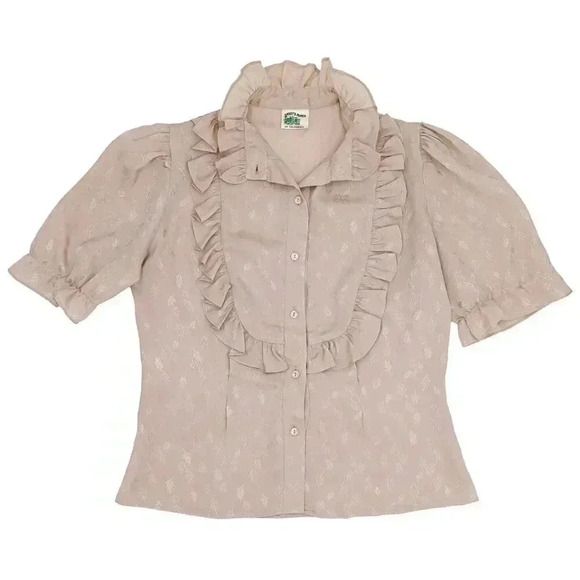 Vintage Tan Leaf Bib Ruffle Blouse Size Medium Short Puff Sleeve Summer Top - Picture 1 of 4